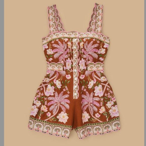 FARM Rio Palm Dream Euroflax Pleated Romper, Brown/Pink, NWT 🇧🇷 - Picture 8 of 16